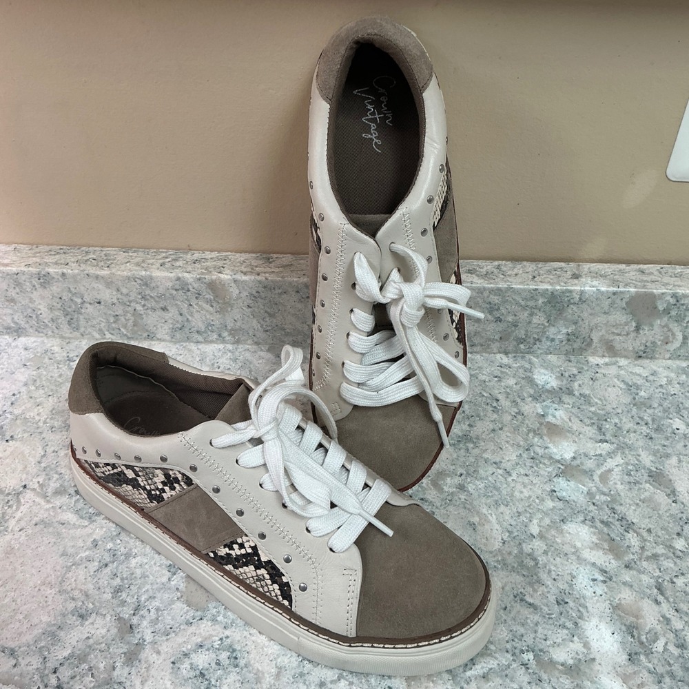 Crown Vintage Sneaker Low Top 8.5 Cream Olive Snakeskin Studded Suede Leather
